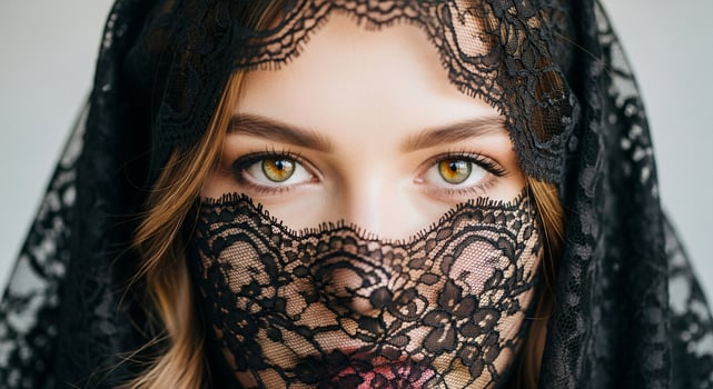 Close up of a young woman's eyes and face covered by a black lace veil photo