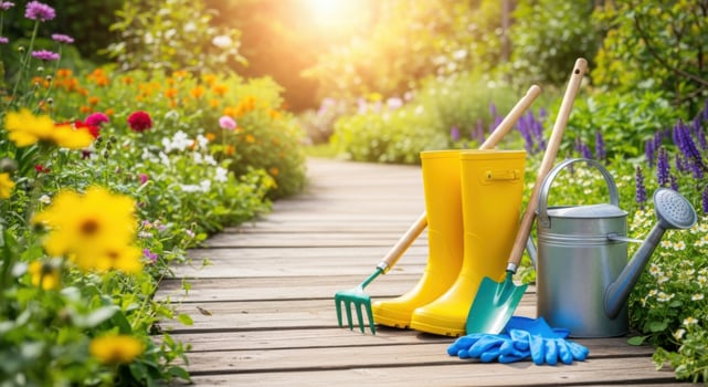 Gardening tools and boots on a wooden path with blooming flowers photo