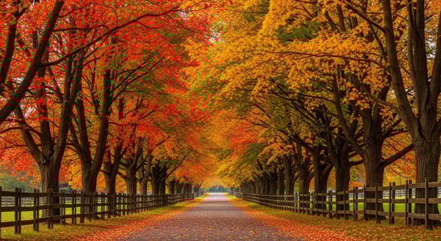 A beautiful treelined path bursts with vibrant orange and red autumn foliage photo