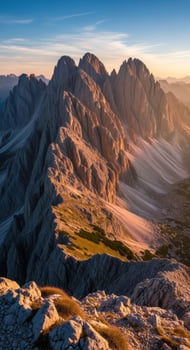 Dramatic mountain range bathed in golden hour sunlight photo
