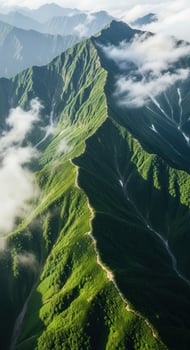 Aerial view of a lush green mountain ridge with clouds photo
