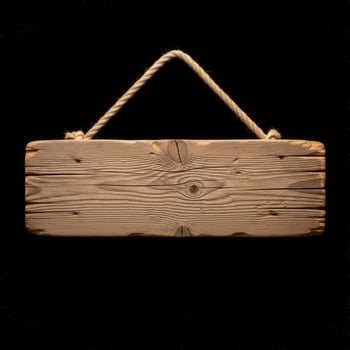 Weathered wooden plank sign hanging with rope on black background photo