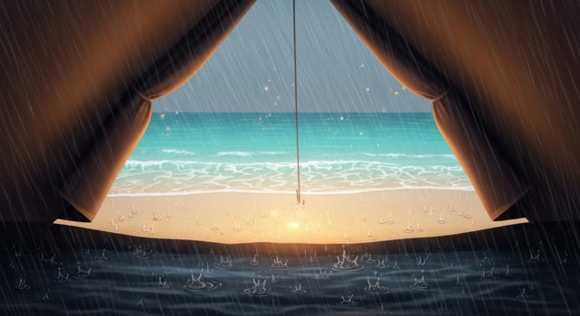 Rainy beach vista seen from a tent opening photo