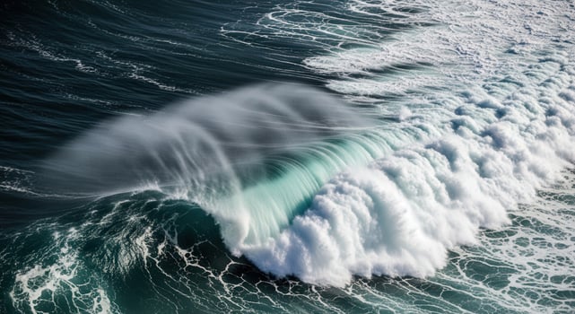 Aerial view of a powerful ocean wave breaking with white foam creating a dynamic seascape photo