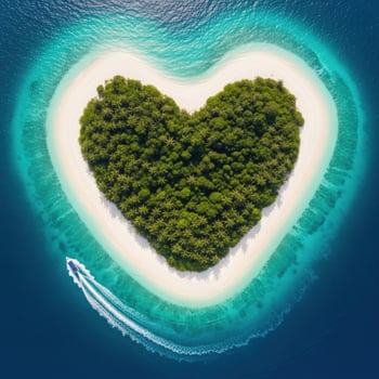 Aerial view of a heartshaped island with a boat in a tropical paradise photo