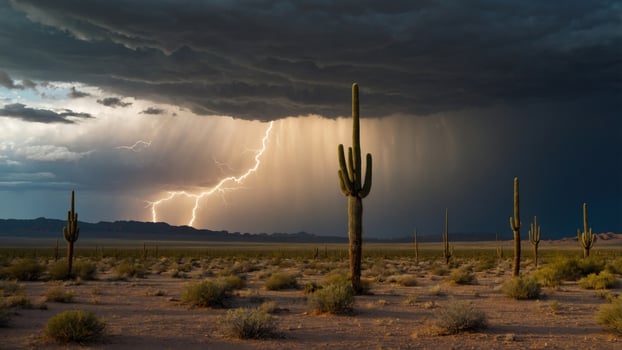 Dramatic lightning storm illuminating a desert landscape with towering cacti under dark clouds photo