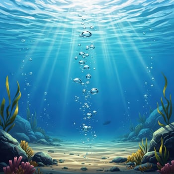 Sunlit underwater world with ascending bubbles and marine life photo