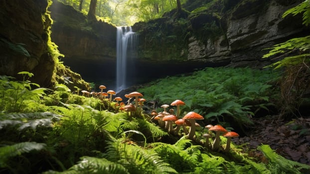 Vibrant orange mushrooms growing along a lush green forest floor near a serene waterfall in a tranquil setting photo