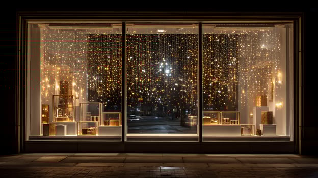 Elegant storefront at night displaying golden jewelry with a backdrop of shimmering golden light curtains capturing the allure of luxury shopping with a hint of urban photo