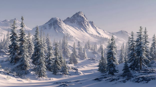 Snowy mountain landscape with pine trees photo