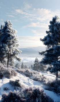 Tranquil winter landscape scene featuring snow-covered trees and hills under a bright blue sky creating a serene and scenic vista perfect for seasonal promotions and backgrounds photo