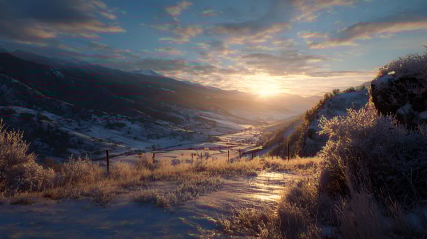 Dramatic winter landscape with snow-covered mountains and glowing sunset creating a peaceful vista of a valley with frost-covered vegetation and a serene path leading to distant photo