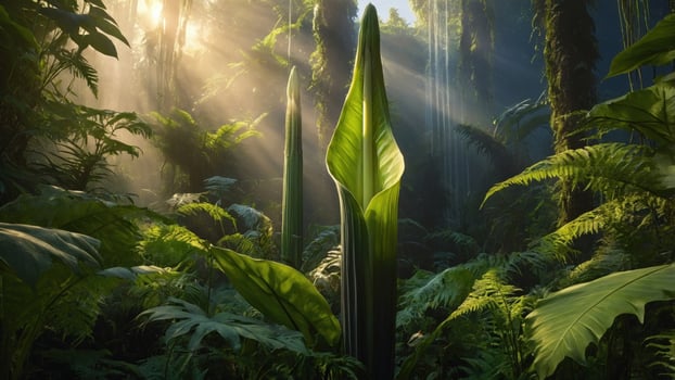 Lush tropical rainforest with towering green leaves illuminated by sunlight filtering through trees photo