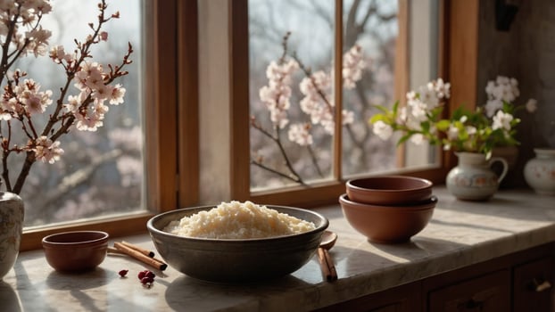 A serene kitchen scene featuring a bowl of rice on a marble countertop with blooming cherry blossoms outside photo