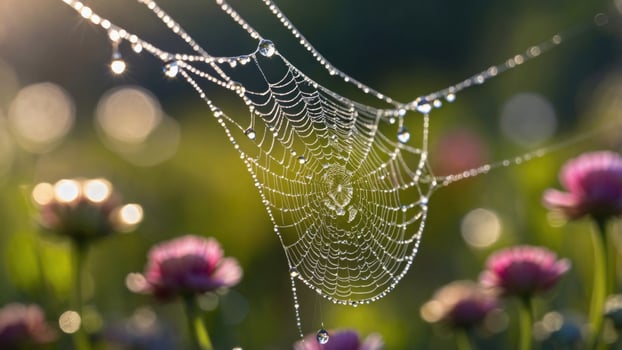 Dew-covered spider web glistens in the morning light amidst blooming flowers in a serene garden photo