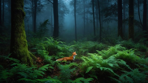 A solitary fox stands among lush ferns in a misty forest, highlighting nature's tranquility and beauty photo