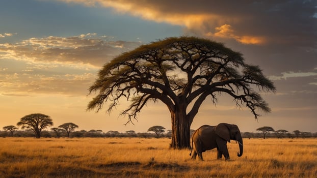 Majestic elephant standing beneath a sprawling acacia tree during sunset in the savannah photo