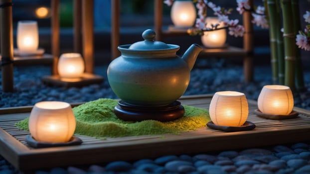 Serene tea ceremony setup featuring a green teapot surrounded by glowing lanterns and bamboo photo