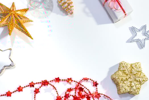 Christmas toys, candles and decorations on a white festive background. photo