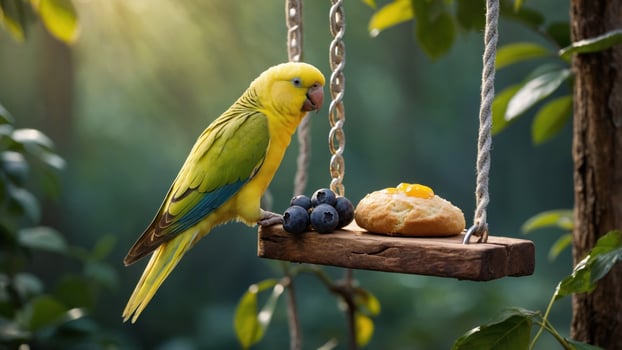 Colorful parakeet perched on a swing with blueberries and a pastry in a lush green forest setting photo