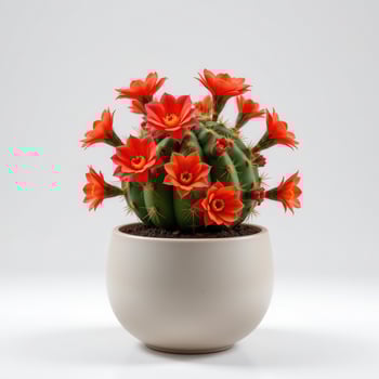 Vibrant green cactus with numerous orange red flowers blooming in a white ceramic pot Clean white background photo