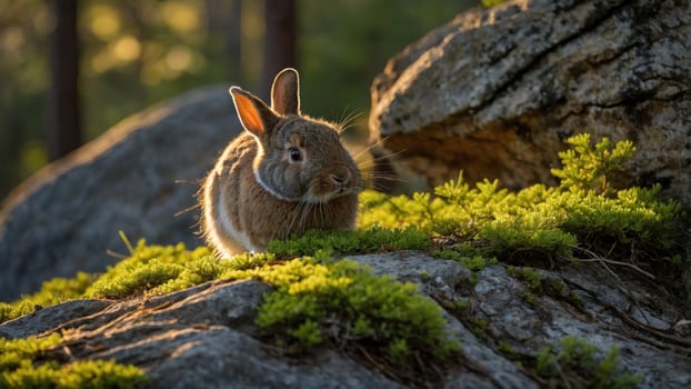 A rabbit sitting on a moss-covered rock in a sunlit forest, surrounded by greenery and soft light photo