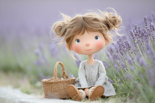 Cute doll-like girl sitting near lavender field with wicker basket photo