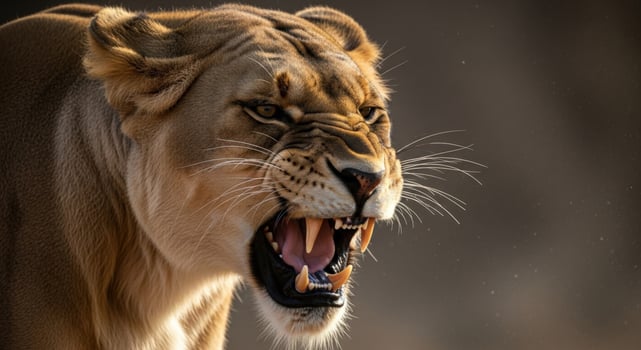 A fierce lioness roars with bared teeth and spitting saliva photo