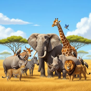 A diverse group of african safari animals gathered in a savanna landscape photo