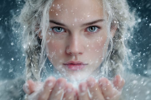 Ice queen summoning snow magic with her hands photo
