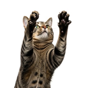 Tabby cat reaching up with claws extended isolated on white background photo