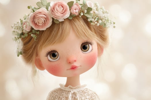Portrait of a charming doll-like girl wearing a flower crown and lace dress photo