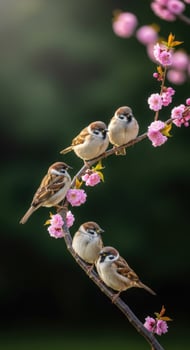 Five Brown and Beige Sparrows Perched on a Branch with Pink Blossoms photo