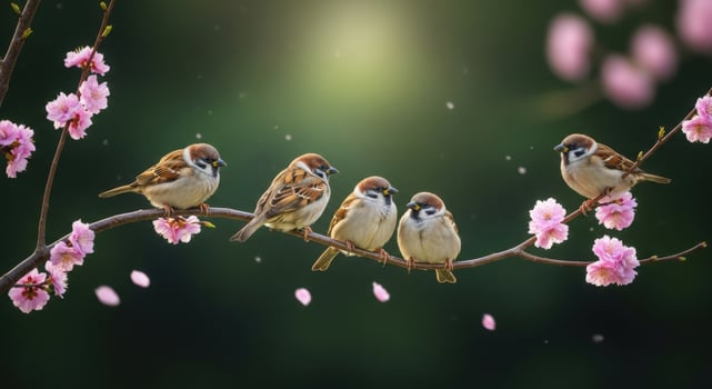 Five sparrows perched on a blooming branch with pink flowers photo