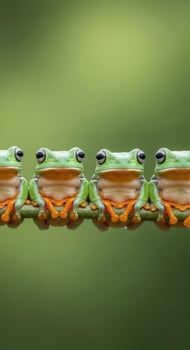 Four Green Tree Frogs Perched on a Branch Against a Green Background 1 photo