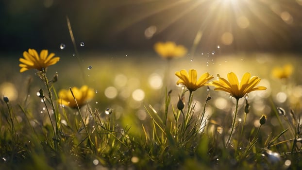 Sunlit meadow with blooming yellow flowers and sparkling dew drops, creating a serene atmosphere photo