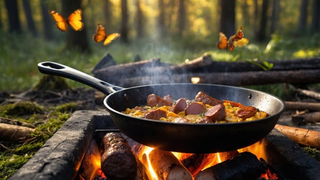 Cooking a savory dish in a forest setting, with butterflies fluttering around and sunlight filtering through trees photo