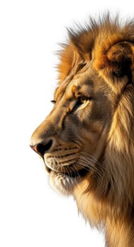 Closeup profile of a majestic lion isolated on white background photo
