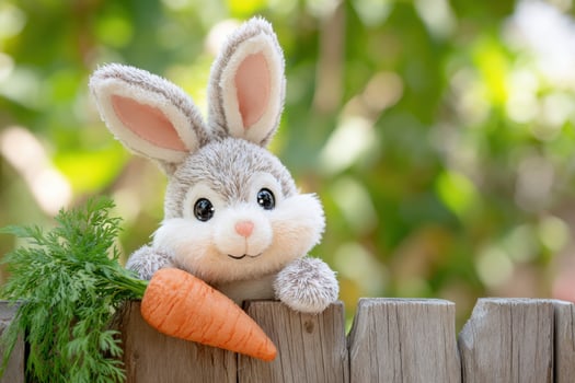 Adorable plush bunny holding a giant carrot on a wooden fence photo