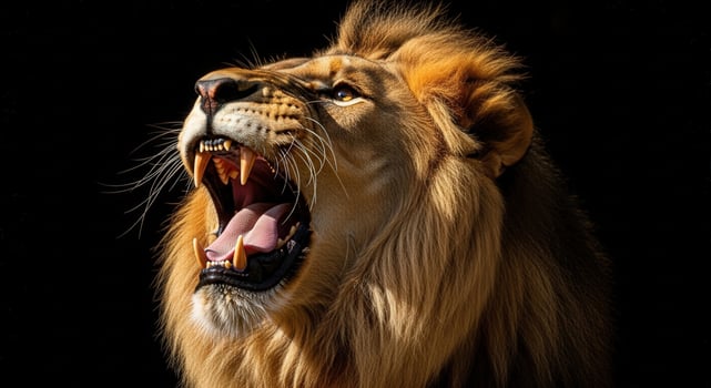Closeup portrait of a lion roaring with its mouth wide open photo