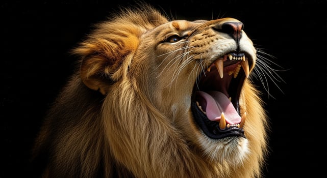 Close up portrait of a male lion roaring with mouth open photo