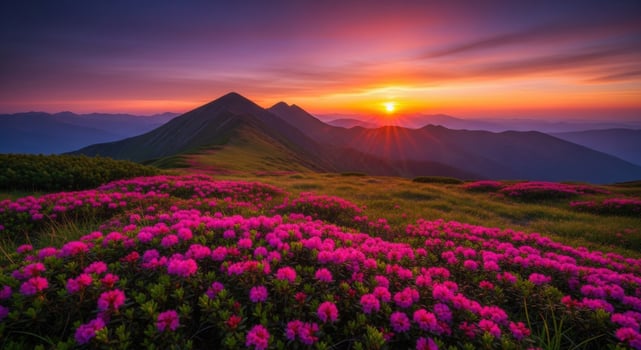 Scenic mountain vista at sunset with a field of flowers photo