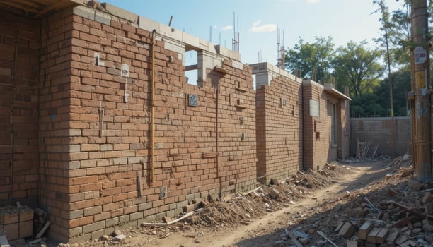 A brick wall is being built in a residential area photo