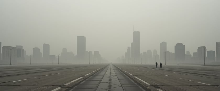 A man and woman walking down an empty road in the fog photo