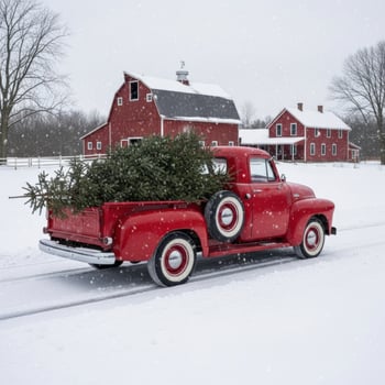 A red vintage truck carries a christmas tree in the snow photo