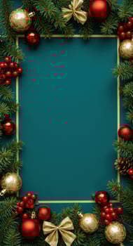 Vertical christmas border with red and gold ornaments and fir branches photo
