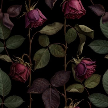 Dark vintage watercolor roses with green leaves on black background seamless pattern floral photo