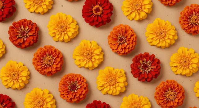 Red Orange Yellow Zinnias Flowers Scattered Seamless Floral Pattern Background image photo