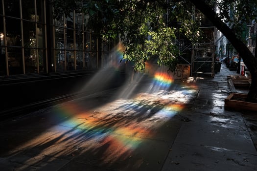 Colorful light beams illuminate urban alley against dark backdrop photo