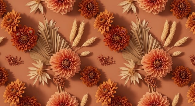 Terracotta Orange Dahlia Flowers and Dried Palm Leaves Seamless Pattern floral background photo